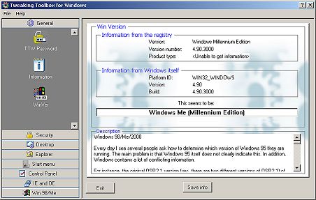 Tweaking Toolbox showing your Windows version