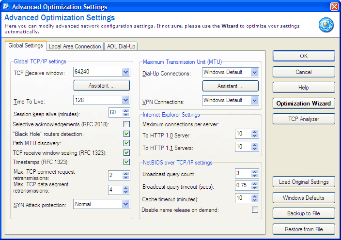 This is the TweakMASTER Advanced Optimization screen.